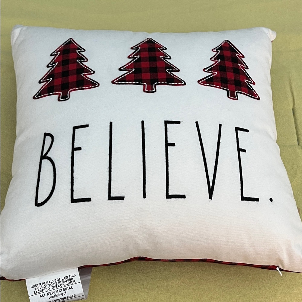 Rae Dunn ivory Pillow with Red Plaid Trees